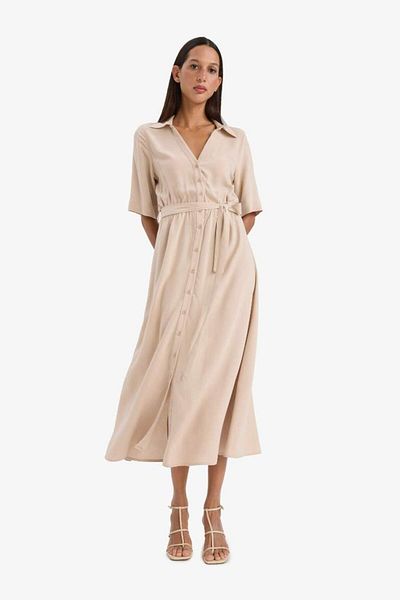 DeFacto New Season Shirt Collar Belted Short Sleeve Midi Dress
