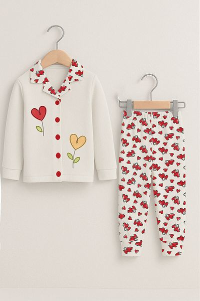 peki baby&kids Well Girl Child Interlock Cotton Heart Patterned Heart Flower Printed Front Buttoned Pajamas Set 18932
