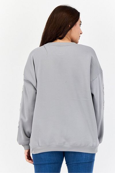 No Comment Women Crew Neck Textured Long Sleeves Sweatshirt, Grey