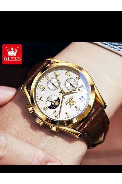 OLEVS Gold Case a Touch of Elegance to Time Men's Wristwatch Leather Cord 324