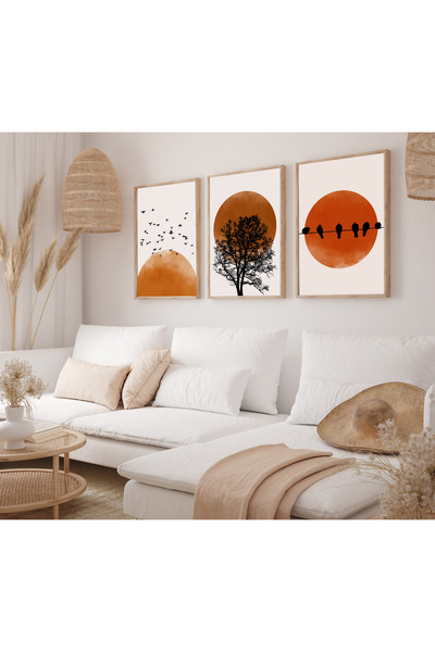 bestablo Kuş ve Güneş Silüeti Çerçeveli Ahşap Tablo Seti Bestablo