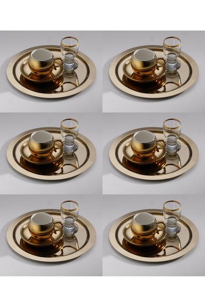SİNİ Paslanmaz Çelik 6 Adet Yuvarlak Lüx Gold Kahve, Çay Sunum Servis Tepsisi