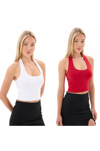 vesantia 2 Pack Red and White Halter Crop