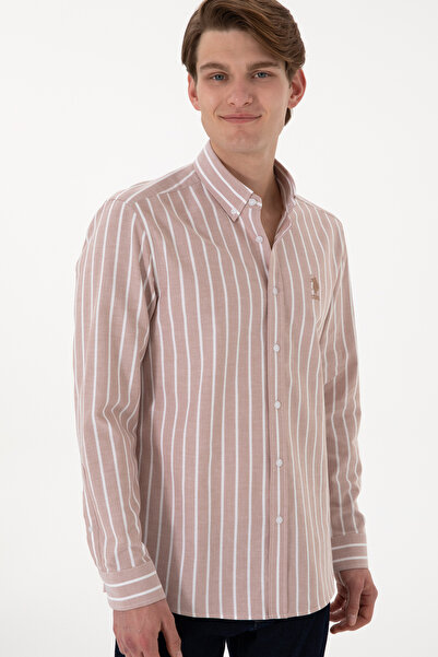 U.S. Polo Assn. Erkek Çizgili Camel Uzun Kollu Gömlek 50306347-VR015
