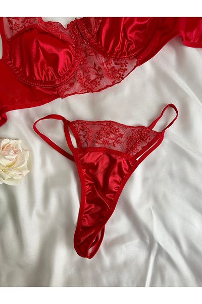 EDLİNGERİE Set sutien bralet roșu cu dantelă din satin Leona