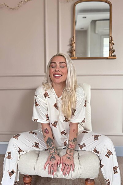 Pijamaevi Σετ γυναικείες πιτζάμες με κοντό μανίκι μπαμπού σε μπεζ σχέδιο