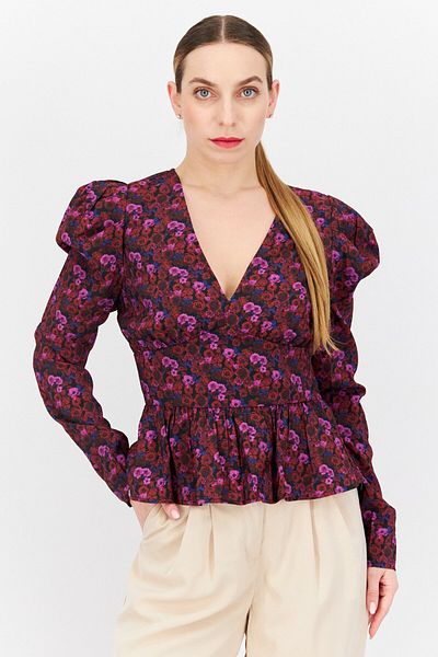 NA-KD Women V-neck Short Sleeves Floral Print Blouse, Purple