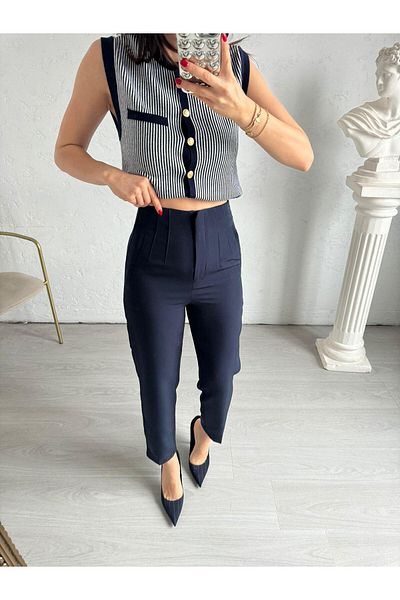 OYYOMODA Pencil Carrot Model Ultra High Waist Trousers.Dark Blue