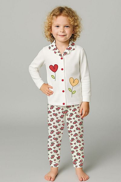 peki baby&kids Well Girl Child Interlock Cotton Heart Patterned Heart Flower Printed Front Buttoned Pajamas Set 18932