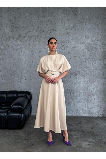 Glysso Kemerli Yarasa Kol Bej Midi Mezuniyet Davet Elbisesi