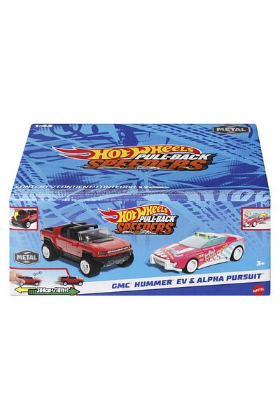 HOT WHEELS Set 2 masinute metalice Hot Wheels Pull Back - Gmc Hummer Ev si Alpha Pursuit
