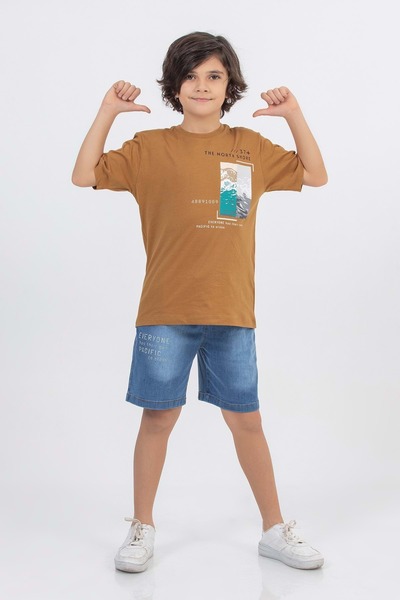 wakawakakidsstore Комплект за момчета с къси панталони от деним с принт - кафяв - 11-12 години