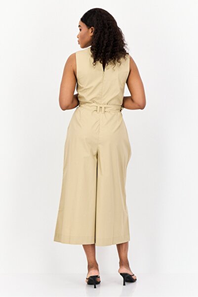 Esprit Women Solid Sleeveless Belted Jumpsuit, Tan