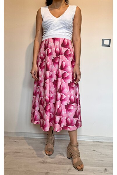 520CK Pink Floral Print Long Skirt - Satin Long Skirt
