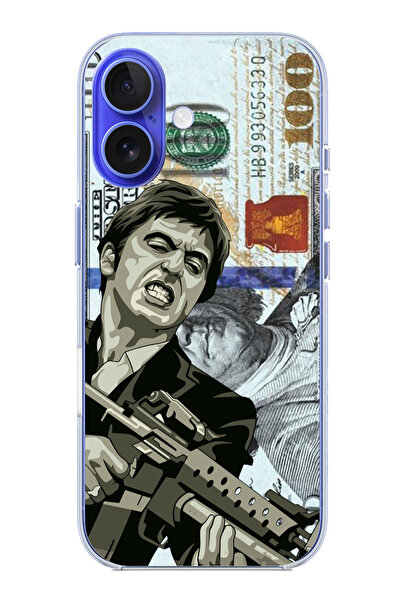 TechTree iPhone 16 Uyumlu Scarface Dolar Tasarımlı Şeffaf Silikon Kılıf