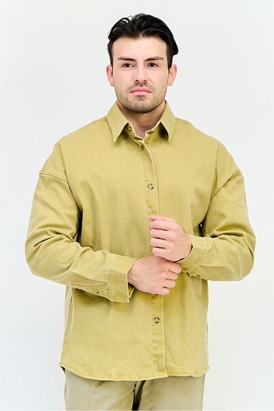 Selected Homme Men Oversize Fit Plain Long Sleeve Denim Shirt, Mustard