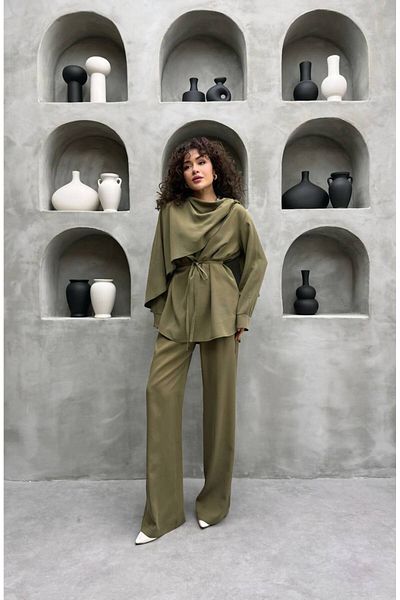 Molly Nelly Women's Shawl Collar Modal Trousers Blouse Set