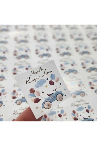 fırsatlar diyarı Baby Chocolate Tag with Balloon Car Figure - Glossy Art Square Cut Tag / 3.5 cm - 100 Pieces