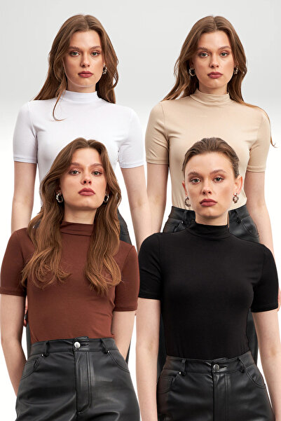 Bipantolon Women's Cream White Black Bitter Brown 4 Pack Short Sleeve Blouse