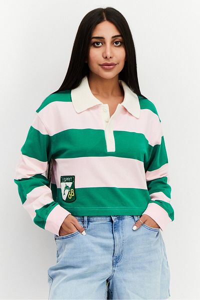 Esprit Women Spread Collar Long Sleeve Color Block Top, Green/pink