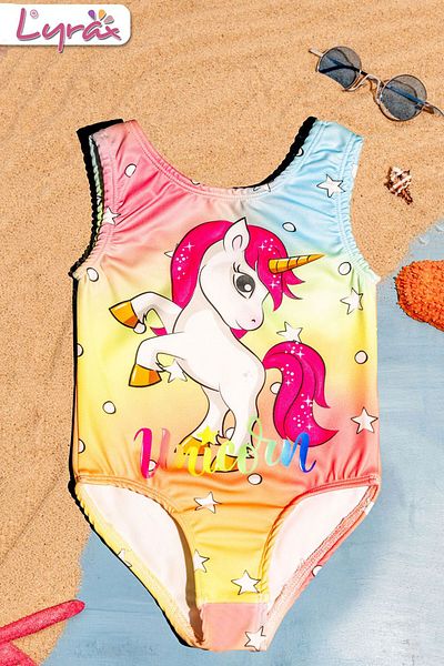 Gülersan Tekstil Unicorn Patterned Girl's Swimsuit - Digital Printing, for Sea and Pool