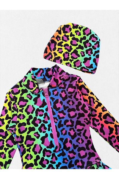 Fil Kids Girls Colorful Leopard Print Front Zipper Long Sleeve Ruffle Stretchy Tight Woven Bonnet Swimsuit