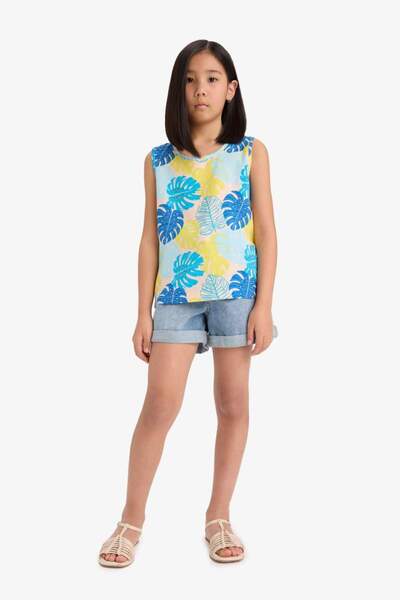 DeFacto New Season Girl's Crew Neck Patterned Tank Top