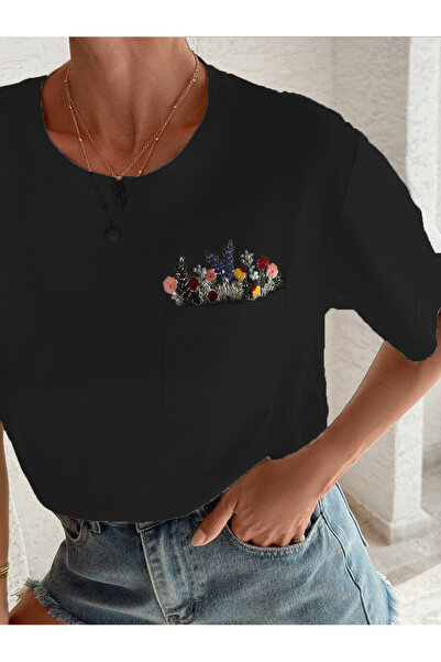 PALPİTO Γυναικείο μπλουζάκι με μαύρο φλοράλ τσέπη με στάμπα oversize