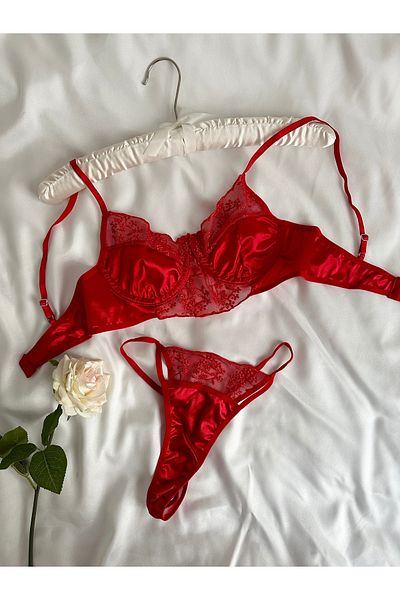 EDLİNGERİE Set sutien bralet roșu cu dantelă din satin Leona