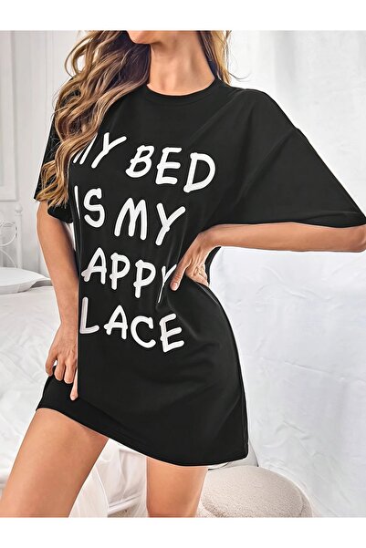 AZIZI TEKSTIL Γυναικείο φόρεμα πιτζάμες με στάμπα με σλόγκαν, κοντομάνικο μπλ...