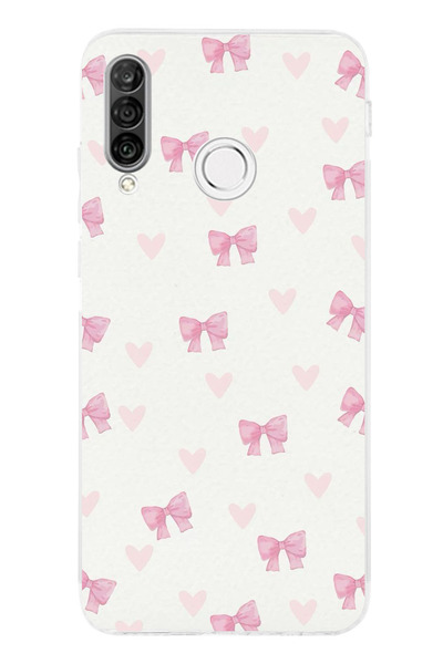 TechTree Huawei P30 Lite Uyumlu Fiyonklar ve Pembe Kalpler Şeffaf Silikon Kılıf