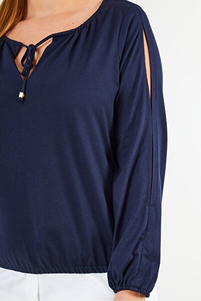 Michael Kors Women Tie Neck Long Sleeves Plain Blouse, Midnight Blue