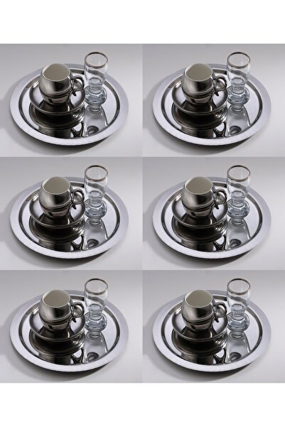 SİNİ Paslanmaz Çelik 6 Adet Yuvarlak Lüx Gümüş Kahve, Çay Sunum Servis Tepsisi