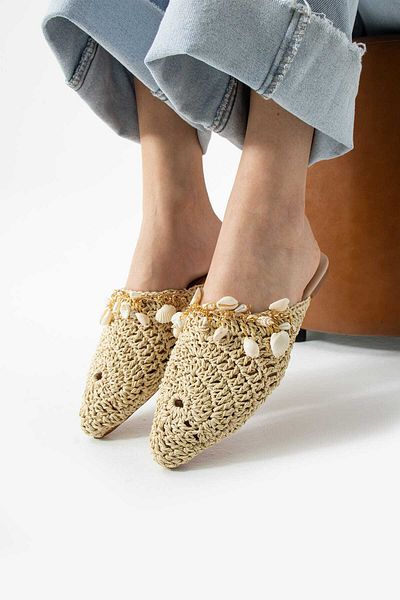 CICIKIZ Seashell Pearl Buckle Detail Paper Rope Knitted Women's Slippers