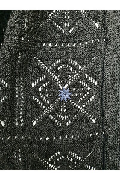 Modamorfo Embroidered Square Patterned Openwork Knitwear Cardigan -Black