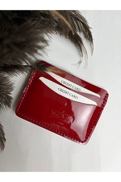 TROYDER Genuine Leather Patent Leather Unisex Card Holder Red Color