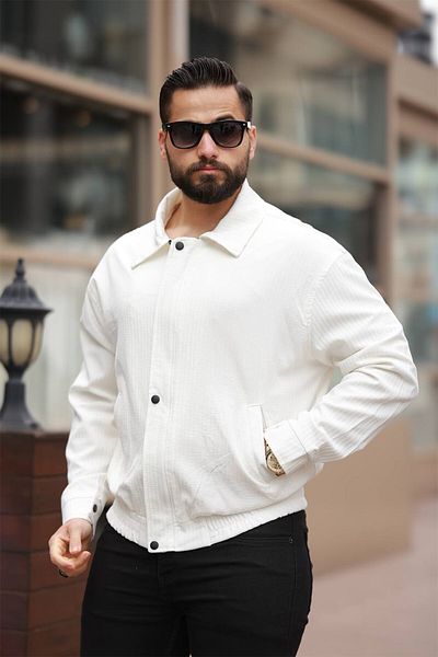 FAMODA Men's Classic Collar Zippered Buttoned White Velvet Jacket