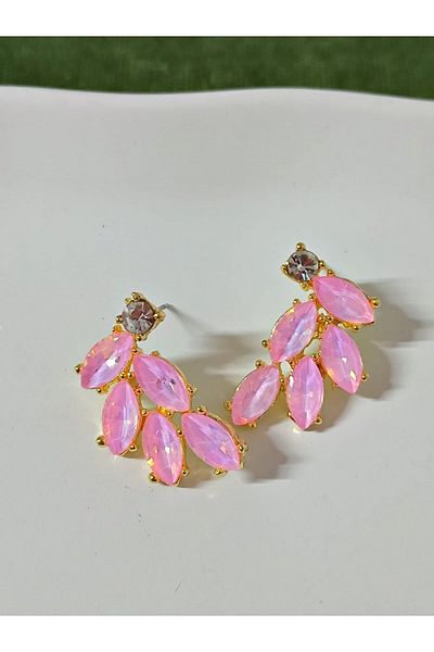 mos&more Pink Leaf Women's Earrings with Crystal Stones