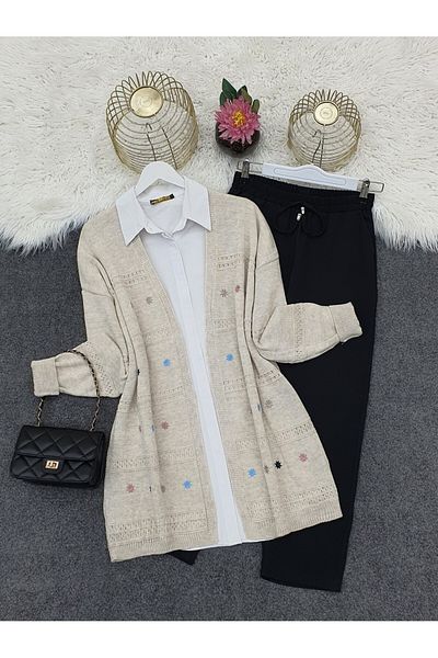Modamorfo Embroidery Patterned Loose Knitwear Cardigan - Stone
