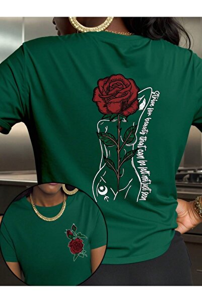 PALPİTO Ženska nafta zelena ruža žene Štampano Oversize kroj T-shirt
