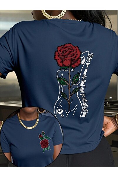 PALPİTO Ženska tamnoplava ruža za žene Štampano Oversize kroj T-shirt