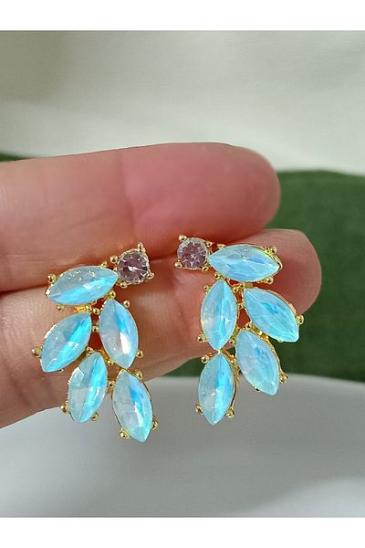 mos&more Green Leaf Women's Earrings with Crystal Stones