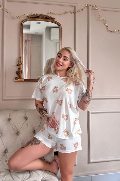 Pijamaevi Doux Bear Patterned Short Sleeve Knitted Women's Pajama Set with Shorts