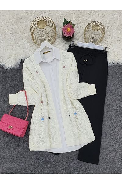 Modamorfo Embroidered Square Patterned Openwork Knitwear Cardigan -White