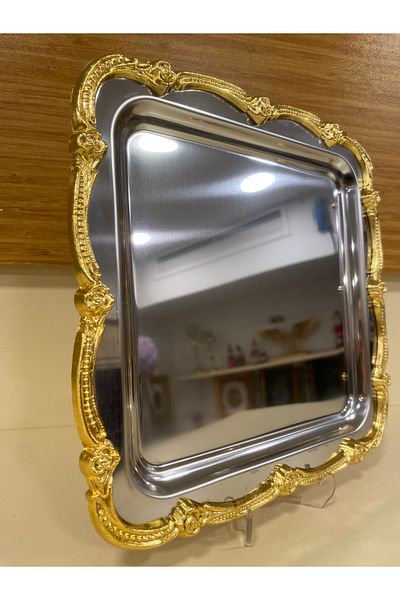 PLUS HOME Tray Single Coffee Tea Presentation Square Silver Gold 24X24 cm