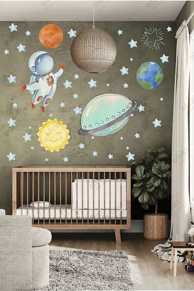 efekt reklam Astronaut și naveta spațială dansează cu planete pentru copii, cameră pentru bebeluși, stele, hârtie de perete, set de autocolante ornamentale