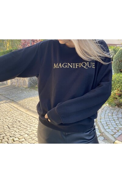 KYLEEN Siyah Renk Altın Rengi Nakışlı Oversize Sweatshirt