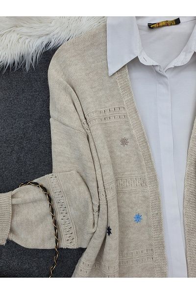 Modamorfo Embroidery Patterned Loose Knitwear Cardigan - Stone