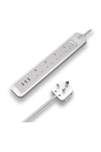 RAFEED 2m 4 sockets Extension Cable, With Surge Protection, 3250W, 13A, 3 USB Ports