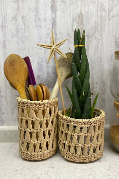 Genel Markalar 2 Parça Çok Amaçlı Dekoratif Hasır Sepet Saksılık Kaşıklık Has...